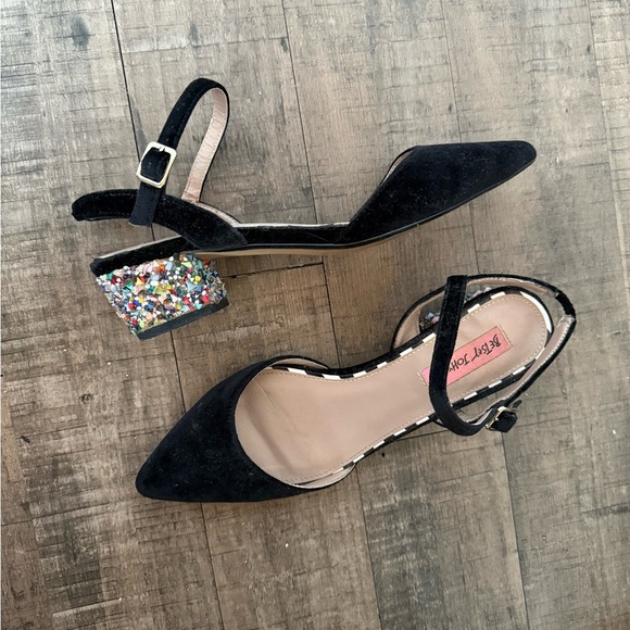 Betsey Johnson Shoes - BETSEY JOHNSON LENA ANKLE STRAP BLACK VELVET RAINBOW BLOCK HEELS 8.5
